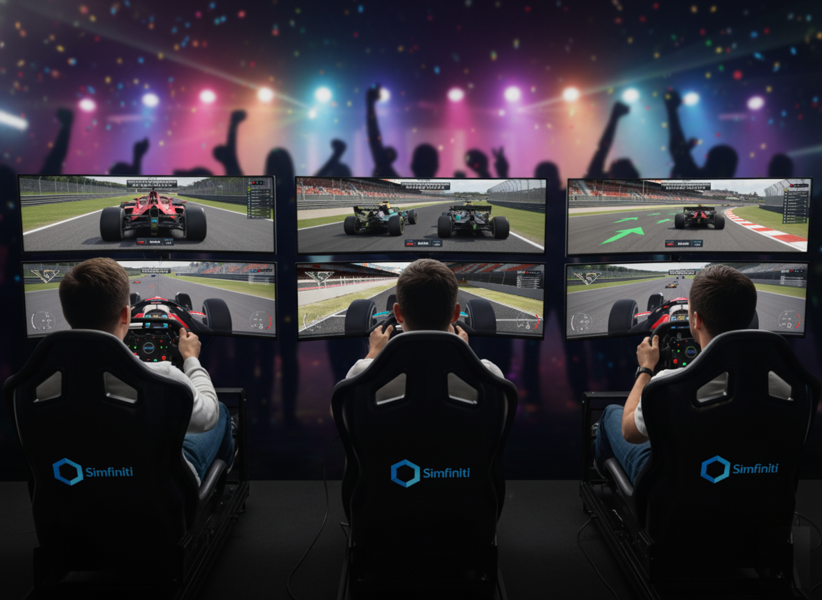 Simfiniti dual monitor setup showing broadcast view to a crowd